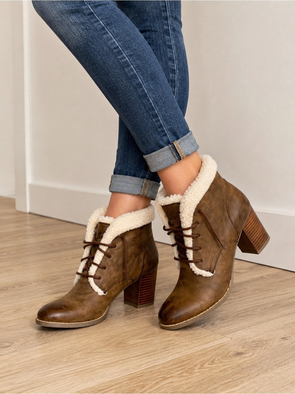Restricted Women’s Brown Faux-Shearling Lace-Up Ankle Boots woman’s 8-8 1/2 heel